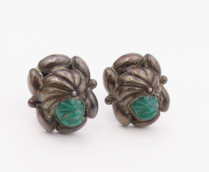 MEXICO 925 Sterling Silver Vintage Carved Warrior Green Onyx Cuff Links  TR3459