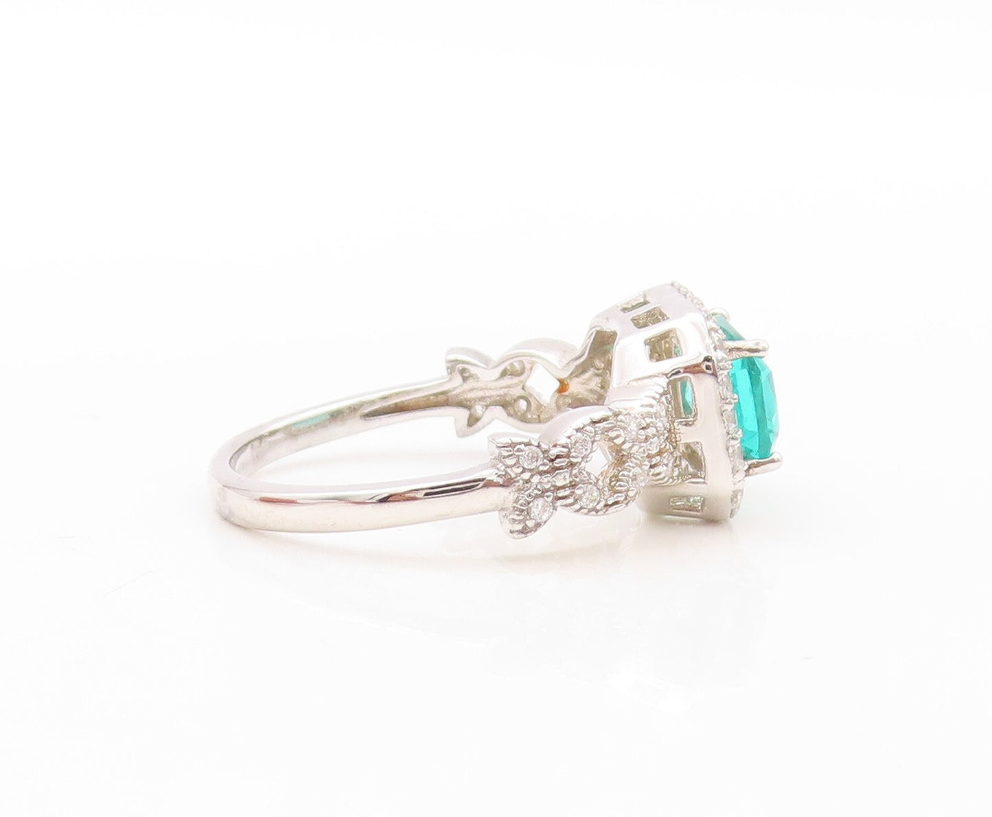 925 Sterling Silver Vintage Ring Rectangle Sea Green Halo White CZ  Sz 7 RG30851