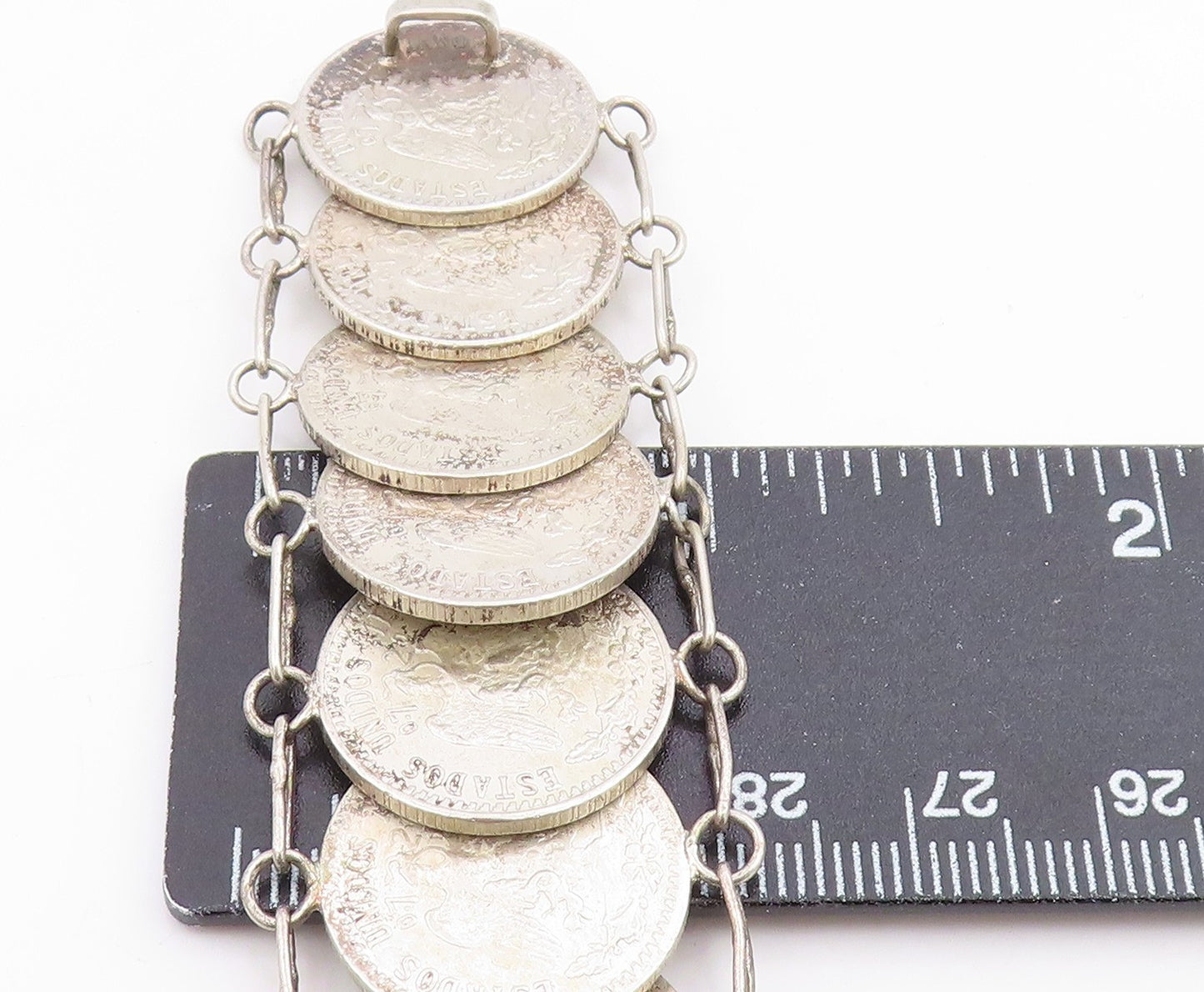 925 Sterling Silver Vintage Bracelet Modernist Mexican Peso Coin Link  BT12051