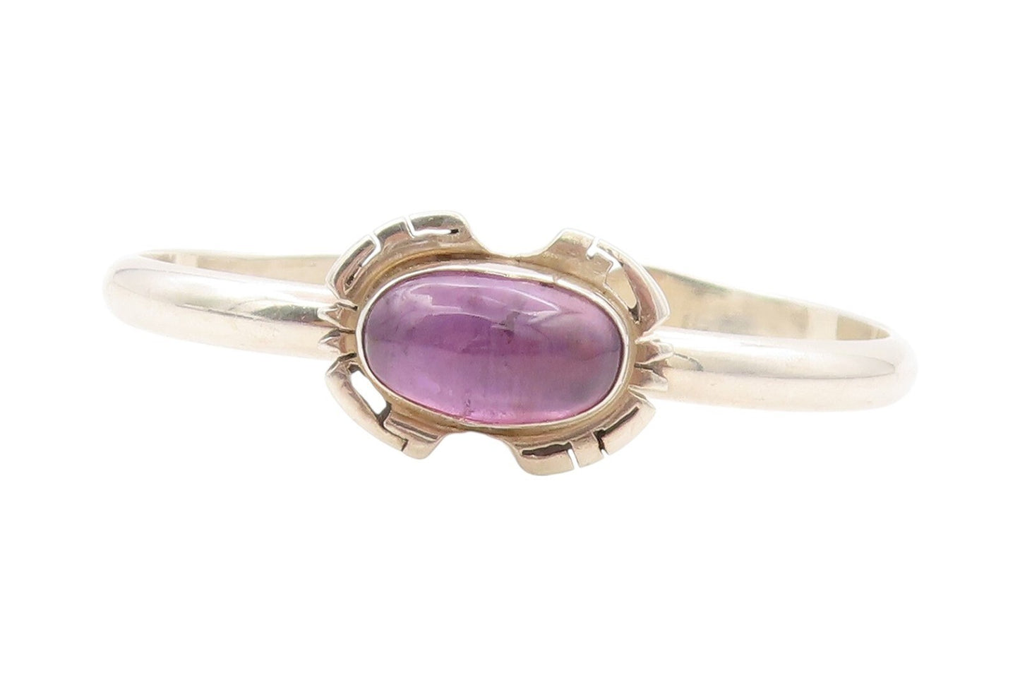 925 Sterling Silver Vintage Bracelet Oval Cabochon Amethyst Cutout Cuff  BT11065