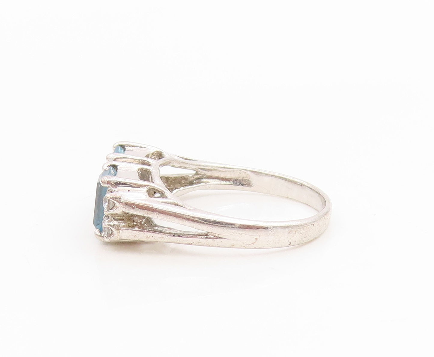 925 Sterling Silver Vintage Ring Blue Topaz & CZ Elegant Split Band Sz 6 RG34871