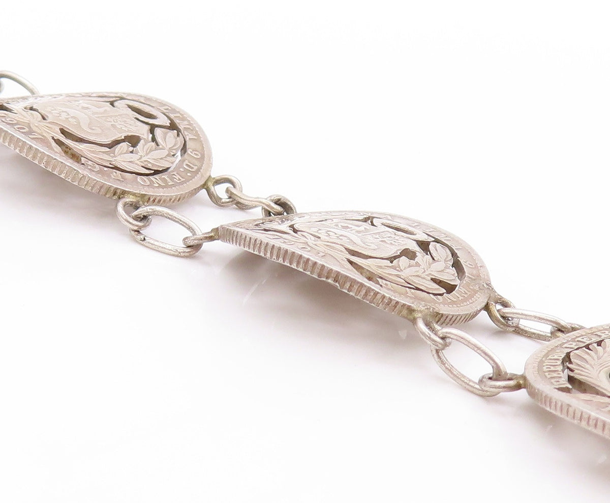 925 Sterling Silver Vintage Bracelet Antique Royal Peruana Coins   BT11264