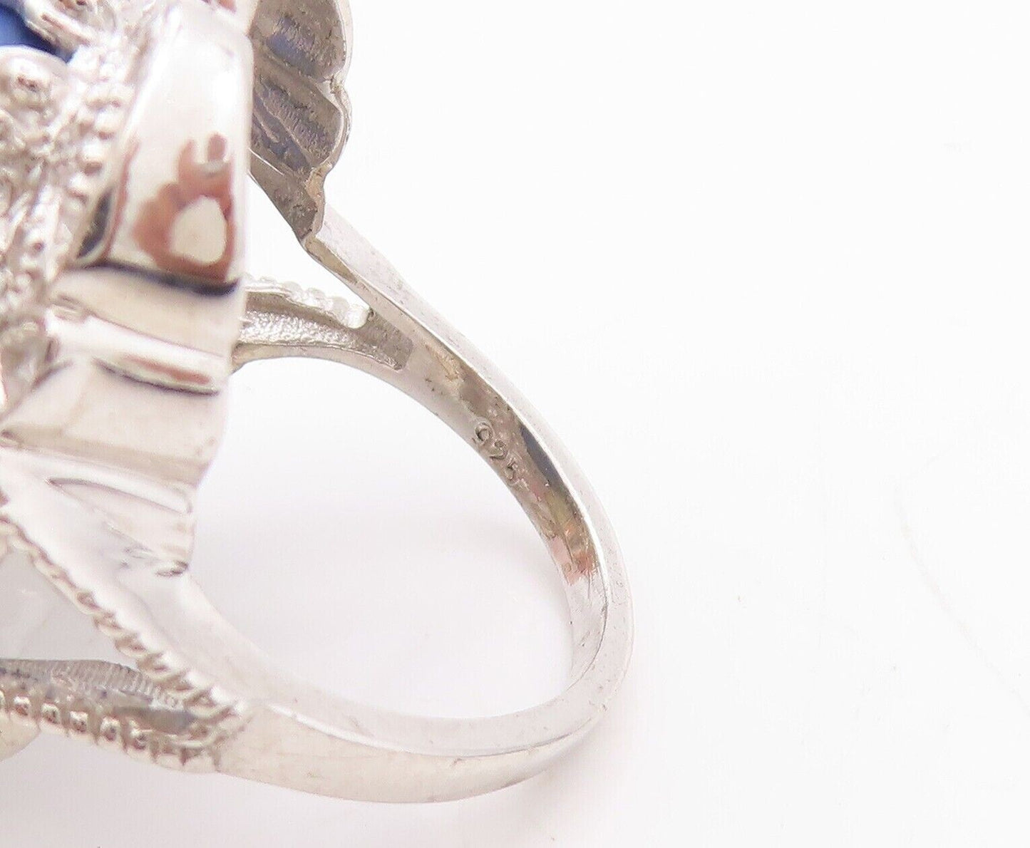 925 Sterling Silver Vintage Ring Oval Lapis Lazuli Floral Carved  Sz 7  RG30177