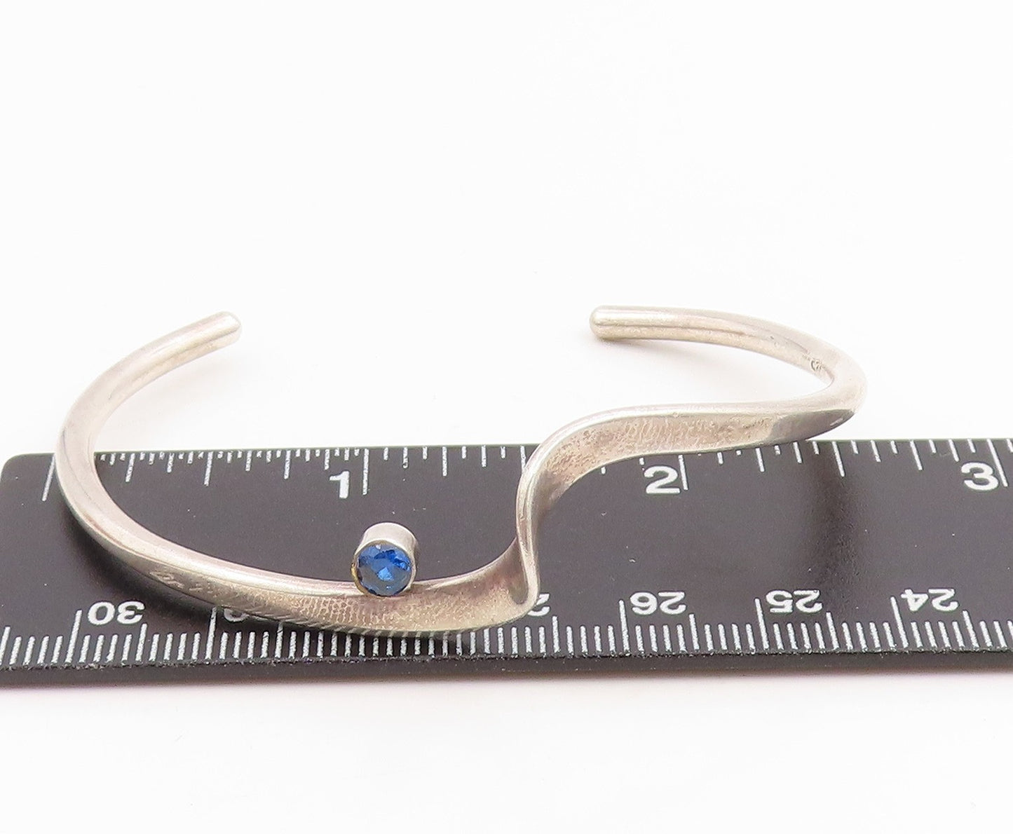 925 Sterling Silver Vintage Bracelet Blue Topaz Modernist Curved Wave  BT11839
