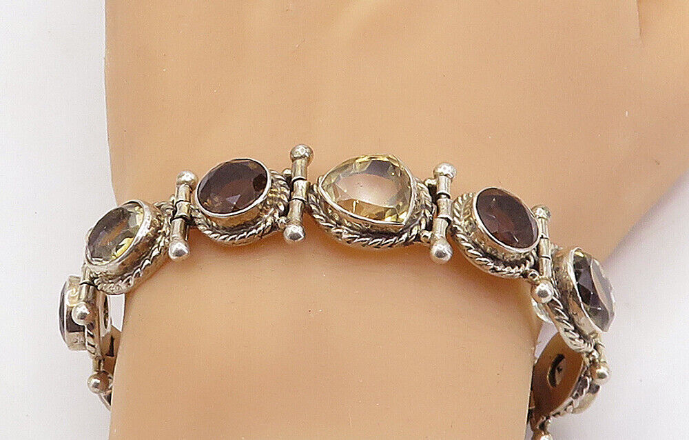 925 Sterling Silver  Vintage Yellow & Smoky Topaz Twist Chain Bracelet  BT2242