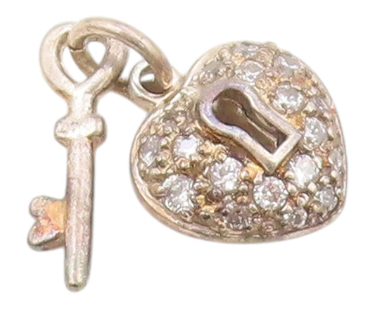 925 Sterling Silver Vintage Topaz Love Heart Lock & Key Charm Pendant PT21300