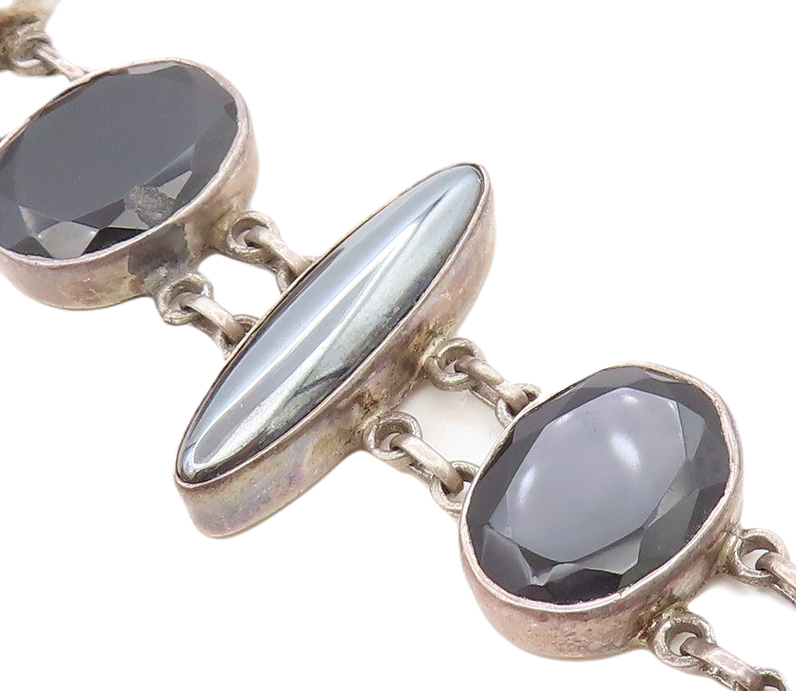 925 Sterling Silver Vintage Hematite Multi Shape Link Chain Bracelet BT3148