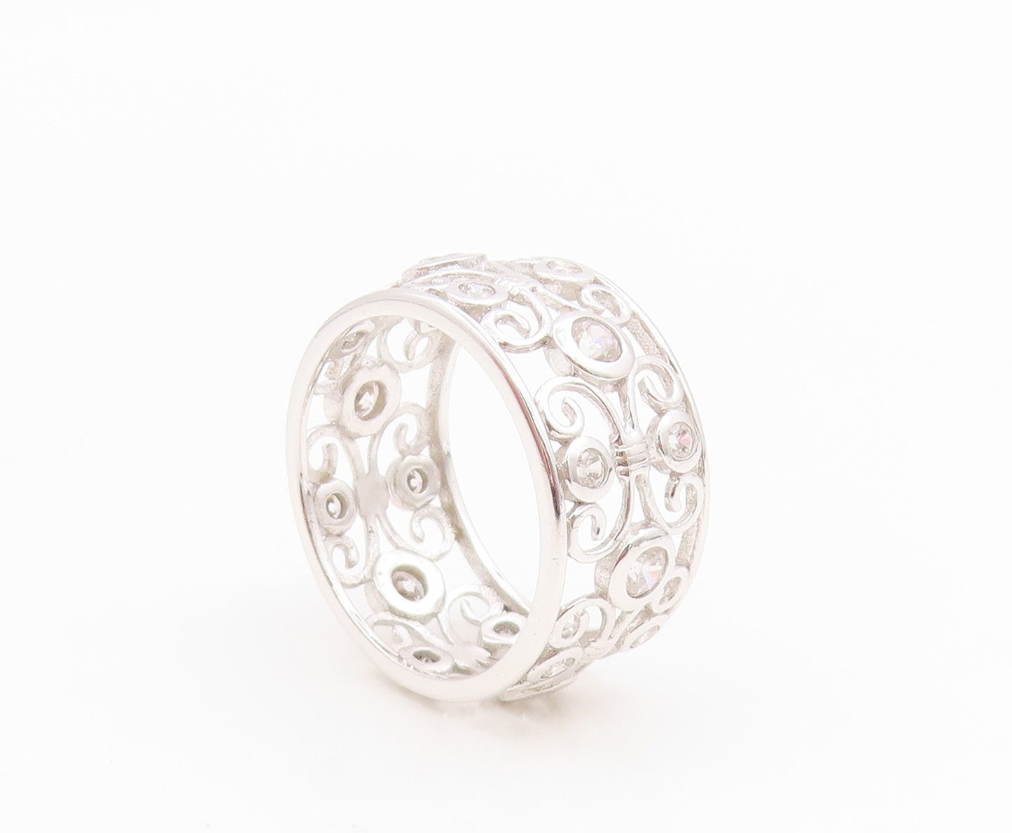 925 Sterling Silver Vintage Ring CZ Intricate Openwork Wide Band  Sz 9  RG35003