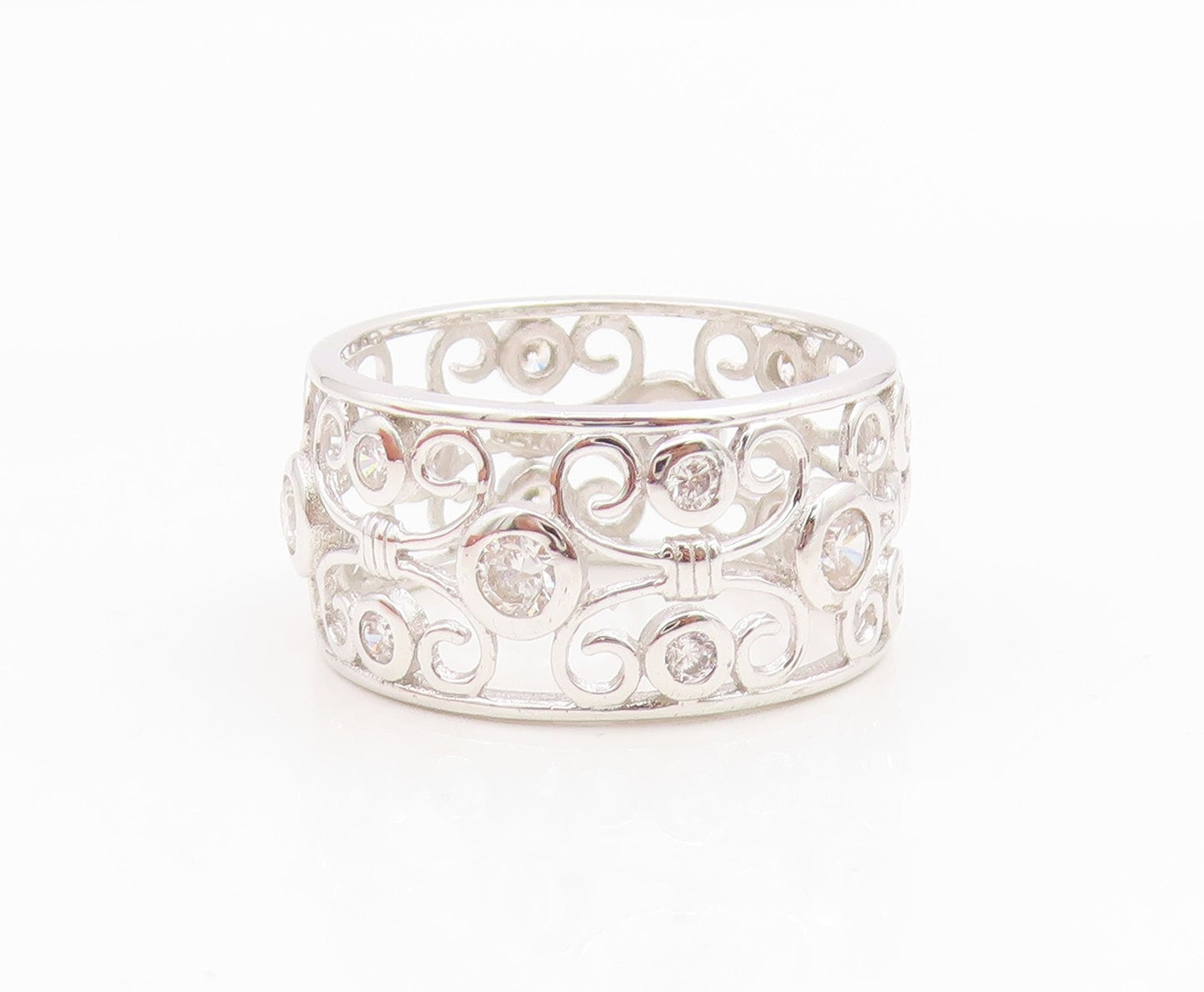 925 Sterling Silver Vintage Ring CZ Intricate Openwork Wide Band  Sz 9  RG35003