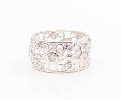 925 Sterling Silver Vintage Ring CZ Intricate Openwork Wide Band  Sz 9  RG35003