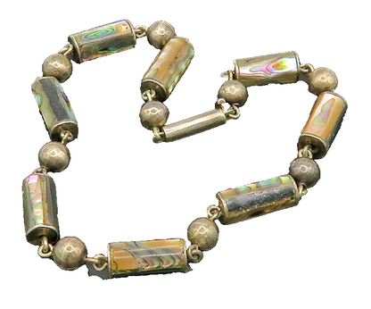 925 Sterling Silver  Vintage Bead & Abalone Cylinder Chain Necklace  NE3829