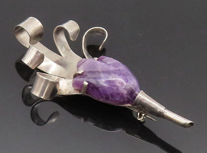 925 Sterling Silver  Vintage Carved 3D Amethyst Flower Brooch Pin  BP10433