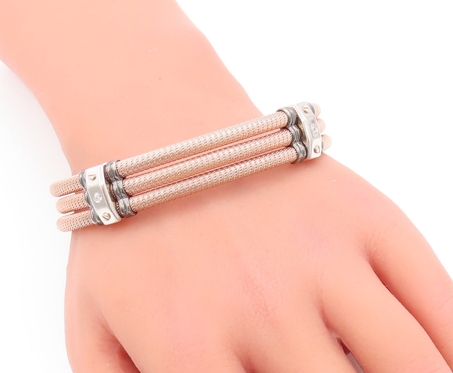 925 Sterling Silver Vintage Bracelet Multirope Effect Band Real Diamonds BT10354