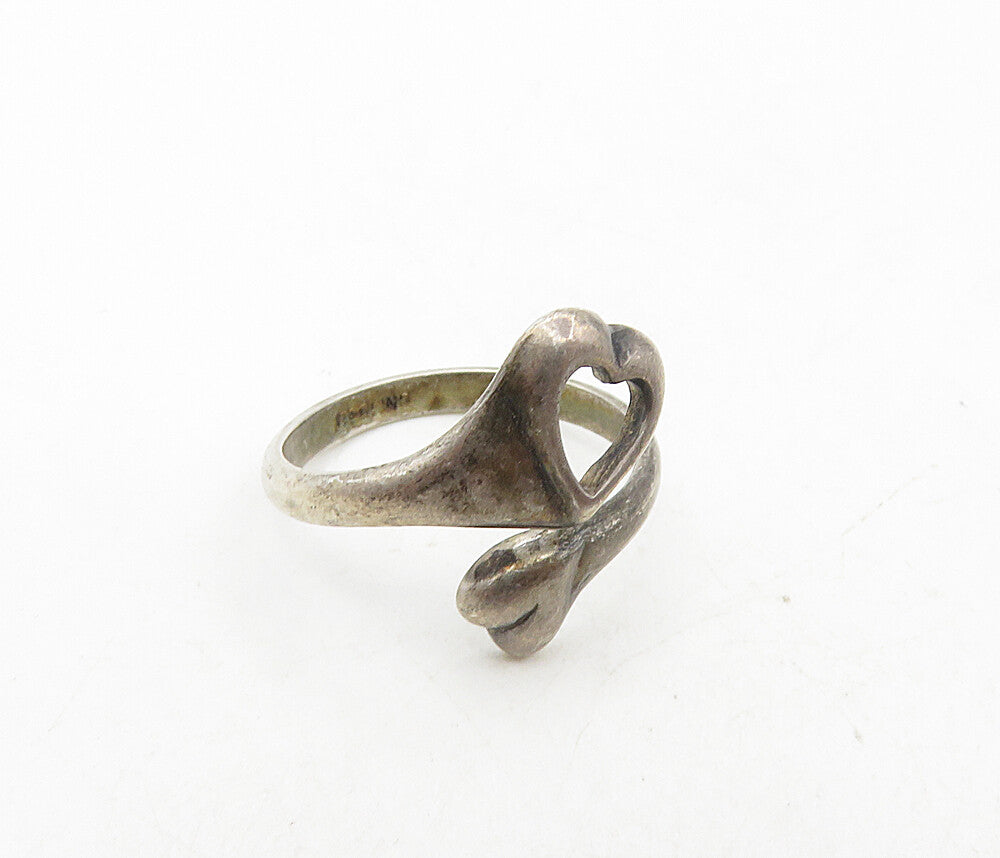 925 Sterling Silver  Vintage Dark Tone Love Heart Bypass Ring Sz 4  RG8824