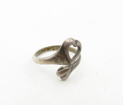 925 Sterling Silver  Vintage Dark Tone Love Heart Bypass Ring Sz 4  RG8824