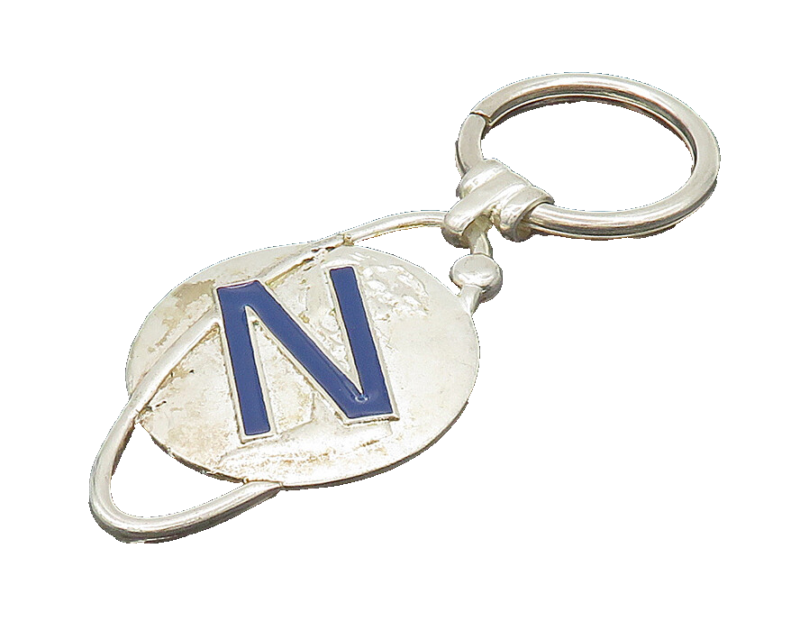 925 Sterling Silver  Vintage Enamel N Initial Round Heavy Key Chain  TR2940