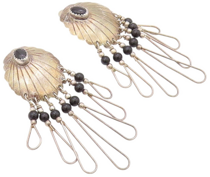925 Sterling Silver Vintage Earrings NAVAJO Onyx Inlay Grooved Dangles  EG13427