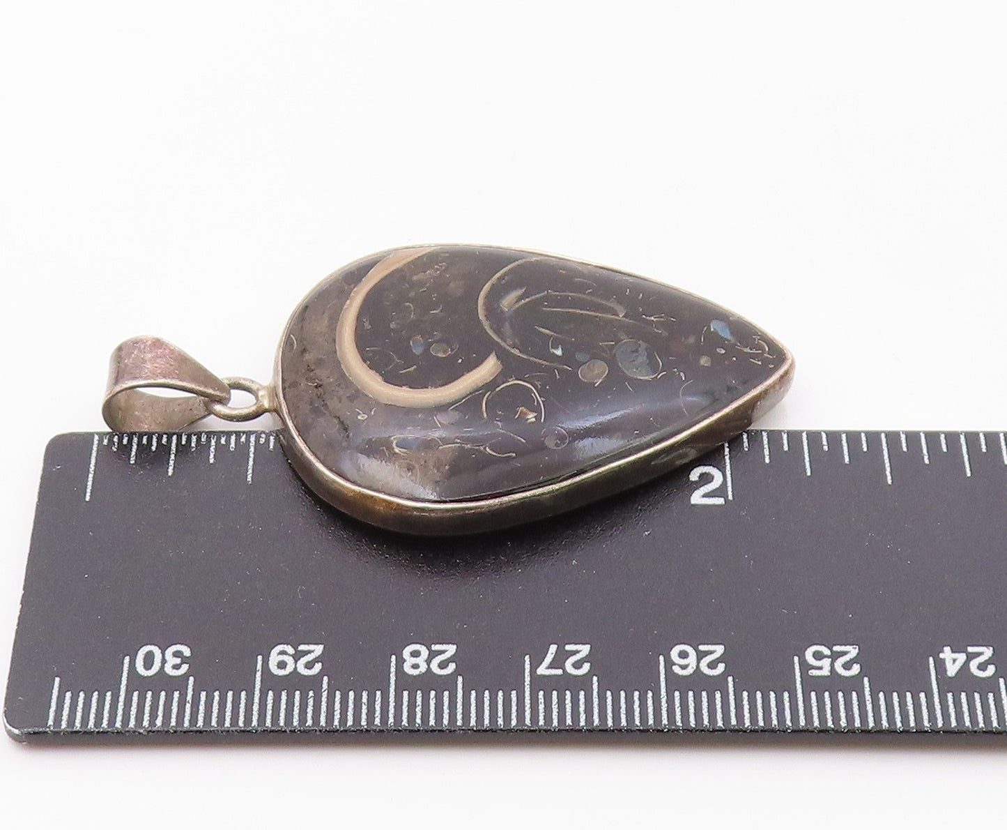 925 Sterling Silver   Vintage Smooth Black Jasper Tear Drop Pendant  PT15573