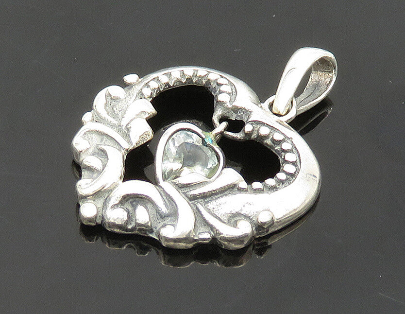 925 Sterling Silver  Vintage Aquamarine Swirl Love Heart Pendant  PT14667