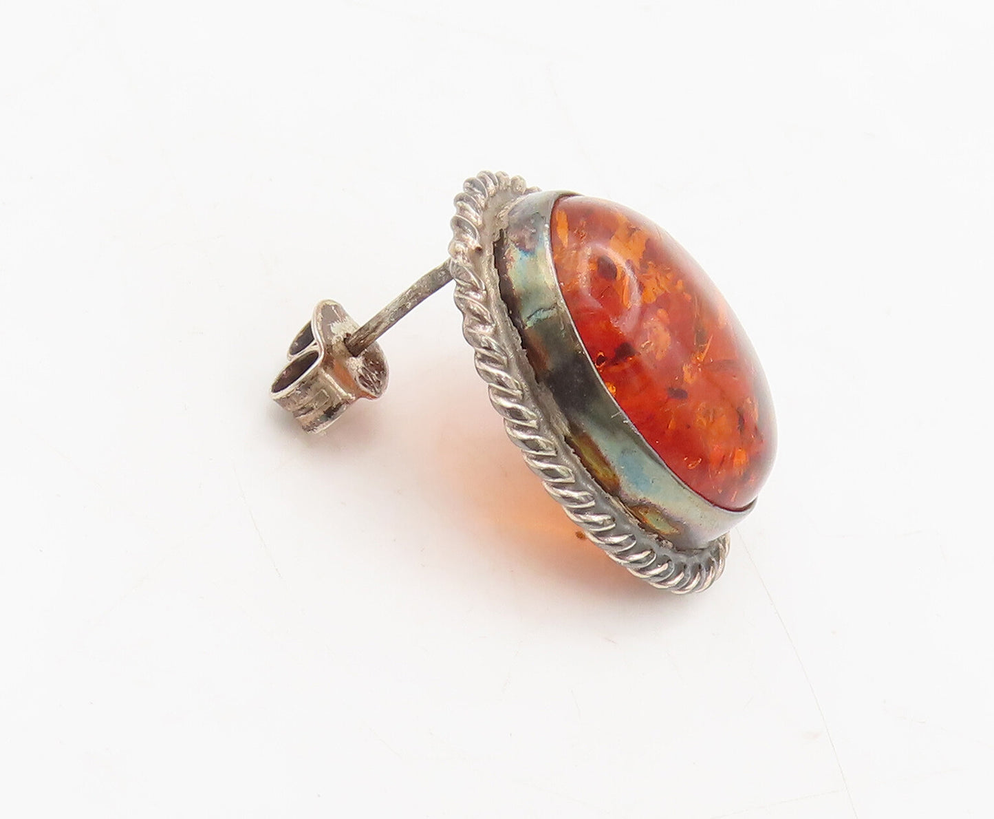 925 Sterling Silver  Vintage Oval Amber Halo Twisted Rope Earrings  EG12660