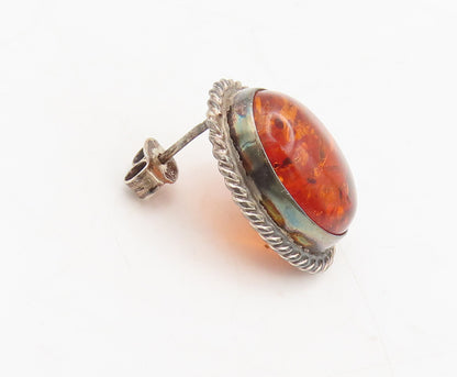 925 Sterling Silver  Vintage Oval Amber Halo Twisted Rope Earrings  EG12660