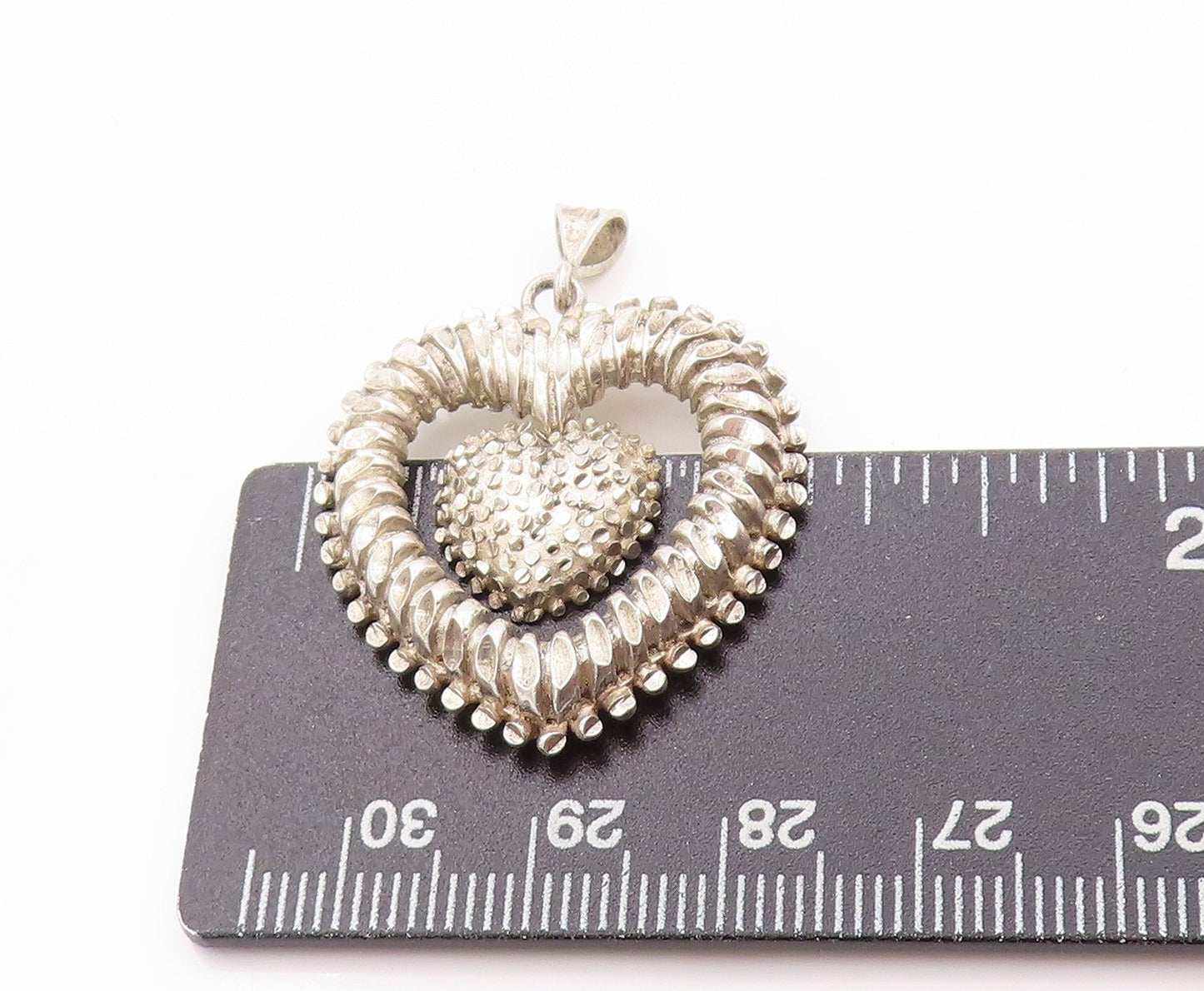 925 Sterling Silver Vintage Pendant Modernist Heart With Dangling Heart  PT24172