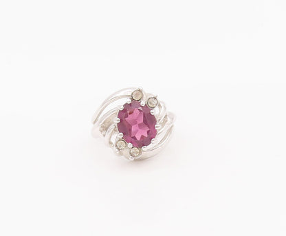 925 Sterling Silver Vintage Ring Cutout Shank Oval Amethyst & CZ  Sz 6  RG28109