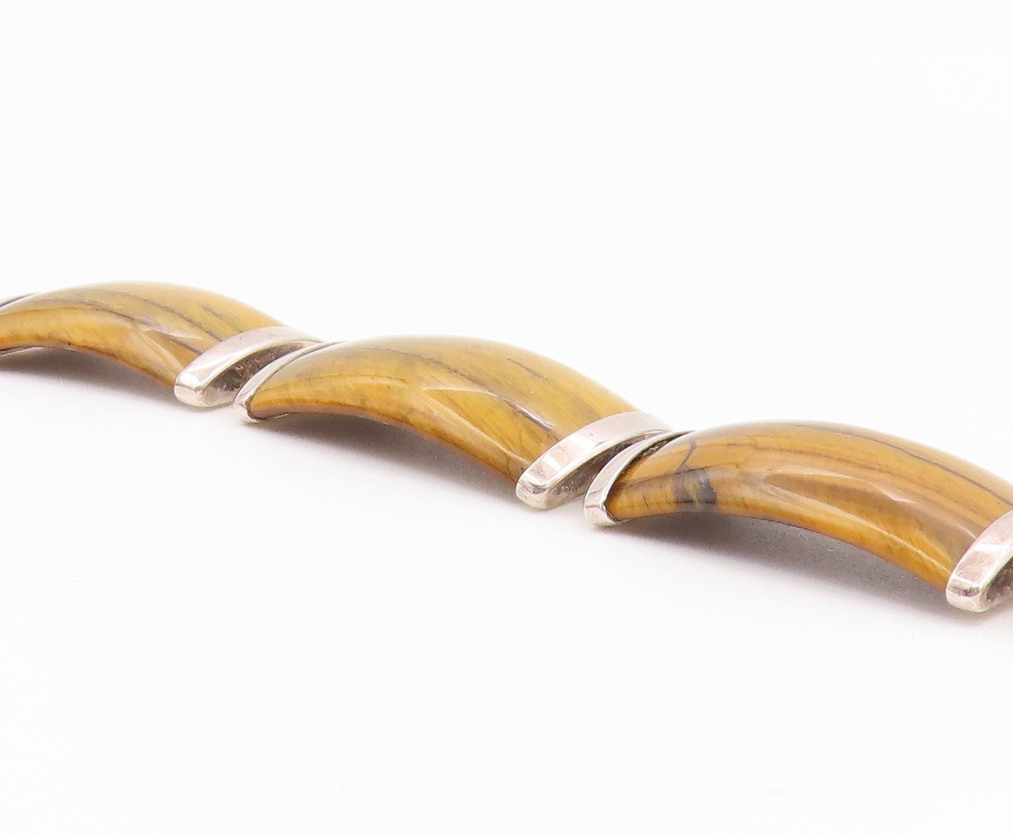 925 Sterling Silver Vintage Bracelet Tiger's Eye Curved Panel Link  BT12182