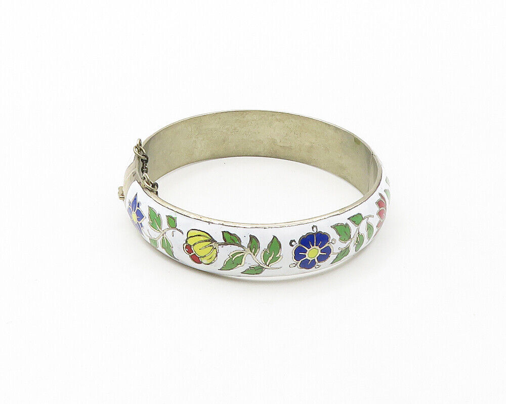 SIAM 925 Sterling Silver  Vintage Enamel Floral Detail Bangle Bracelet  BT6885
