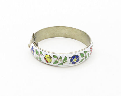 SIAM 925 Sterling Silver  Vintage Enamel Floral Detail Bangle Bracelet  BT6885