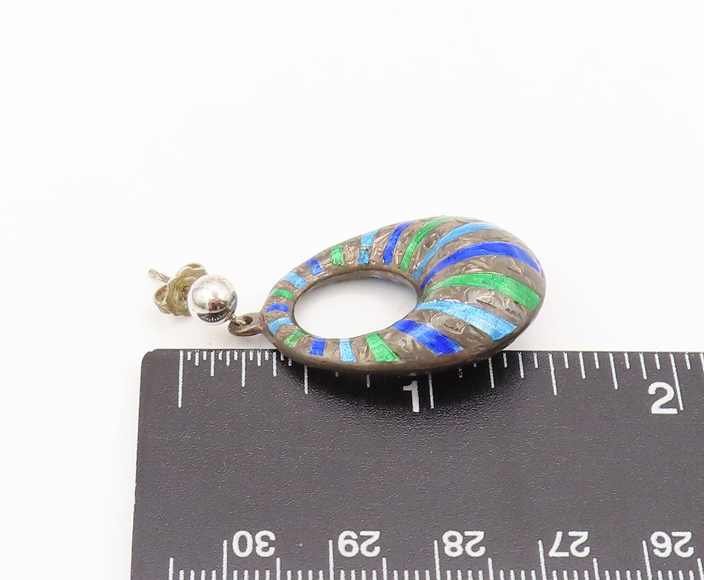 925 Sterling Silver  Vintage Dangling 2 Tone Enameled Donut Earrings  EG12767