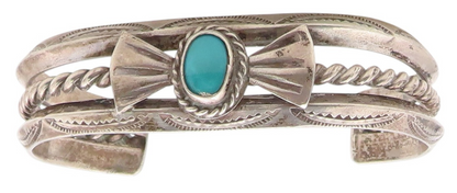 925 Sterling Silver Vintage Bracelet NAVAJO Turquoise Ribbon Bow Cuff  BT12100