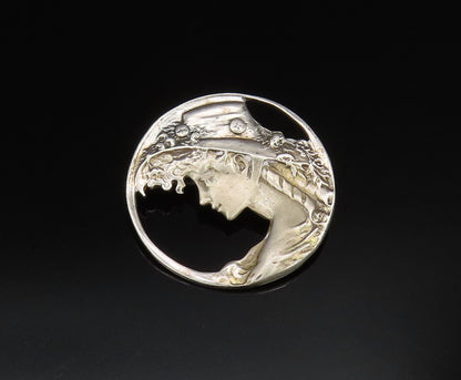 925 Sterling Silver Vintage Open Circle Lady With Floral Hat Brooch Pin BP9757