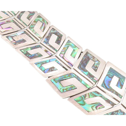 TAXCO 925 Silver  Vintage Inlaid Abalone Double Row Link Bracelet  BT9784