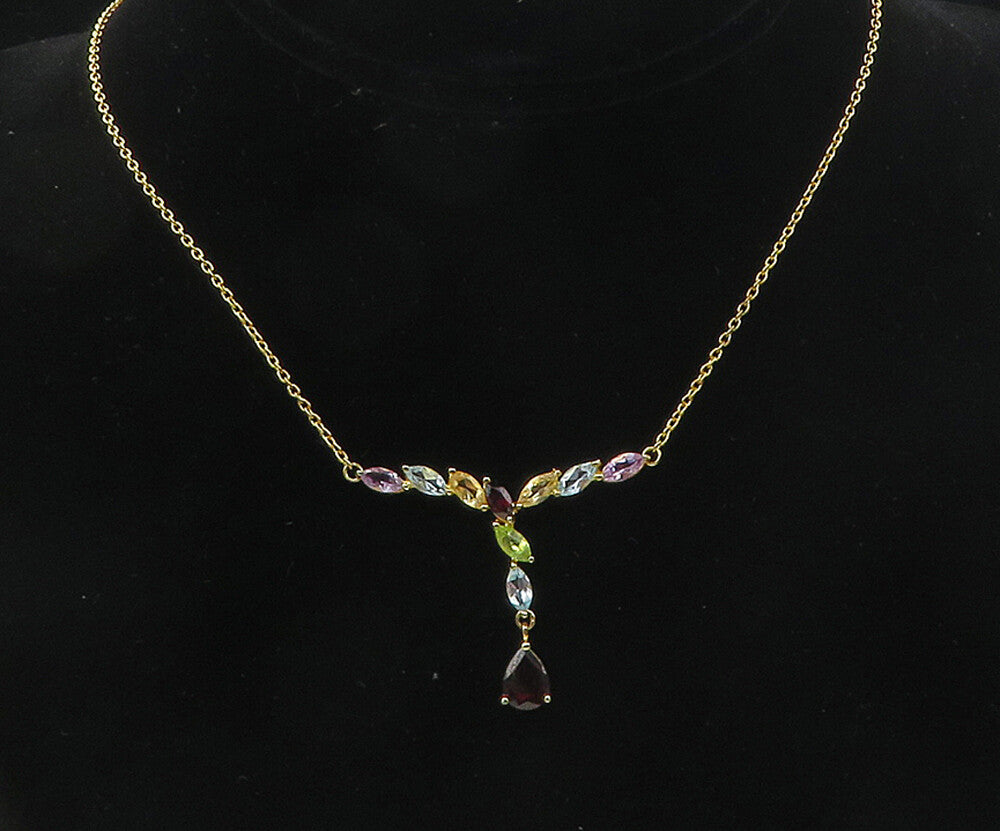 925 Sterling Silver Garnet & Multi Stone Gold Plated Chain Necklace NE1959