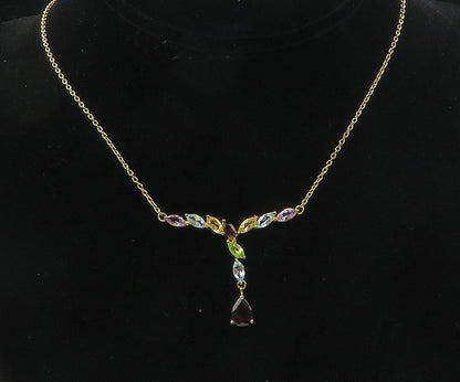 925 Sterling Silver Garnet & Multi Stone Gold Plated Chain Necklace NE1959