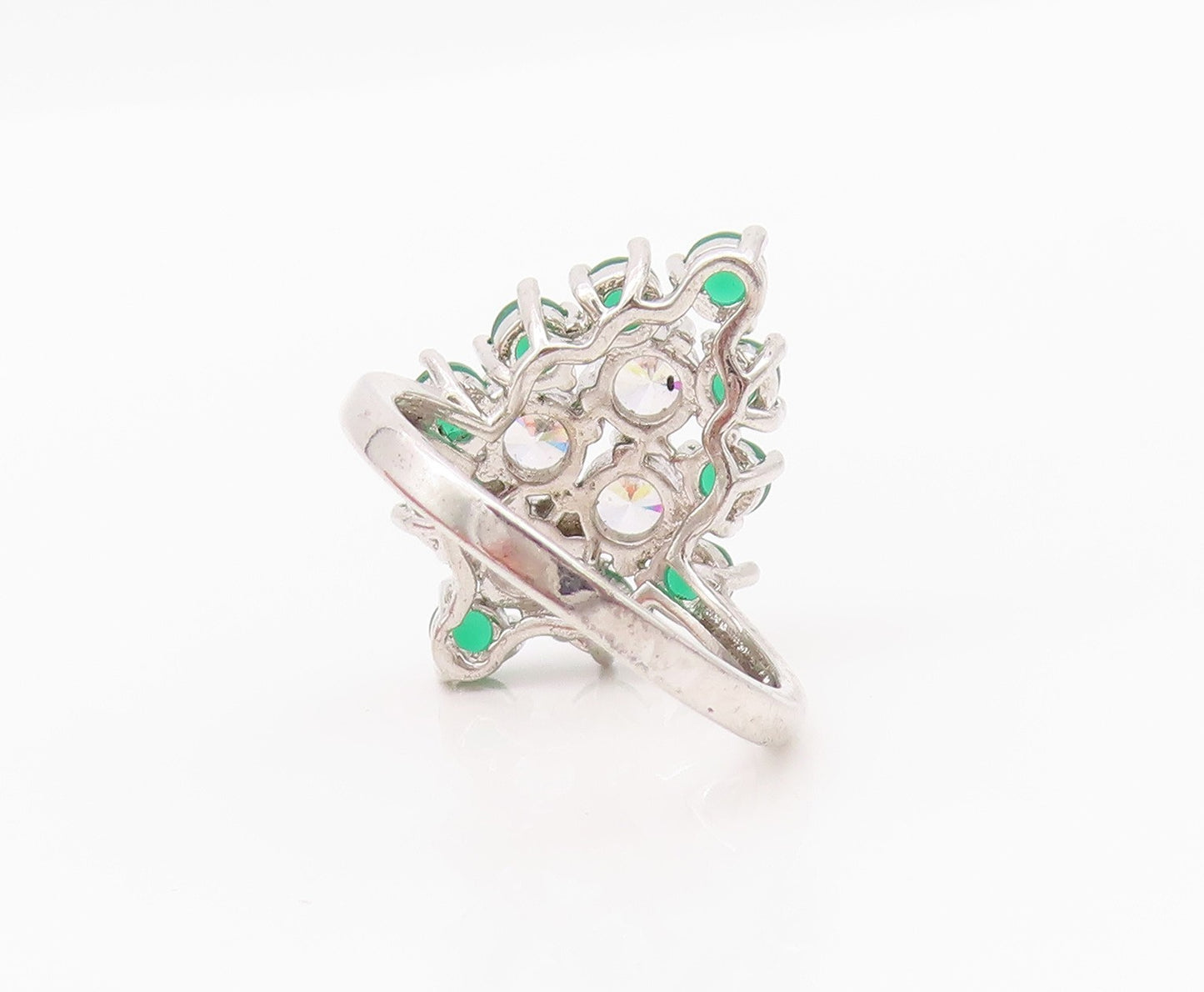 925 Sterling Silver Vintage Ring Modernist Round Cut CZ & Jade  Sz 8  RG33042