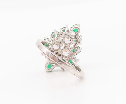 925 Sterling Silver Vintage Ring Modernist Round Cut CZ & Jade  Sz 8  RG33042