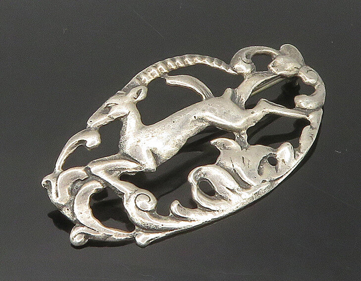 925 Sterling Silver  Vintage Antique Prancing Gazelle Scene Brooch Pin  BP6792