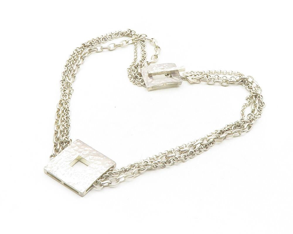 925 Sterling Silver  Vintage Hammered Open Square Chain Necklace  NE2081