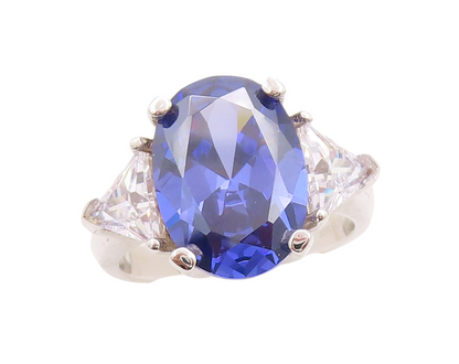 925 Sterling Silver Vintage Ring Oval Sapphire & Triangle CZ  Sz 7.5  RG29809