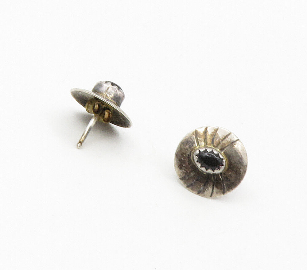 NAVAJO 925 Sterling Silver  Vintage Cabochon Black Onyx Stud Earrings  EG8578