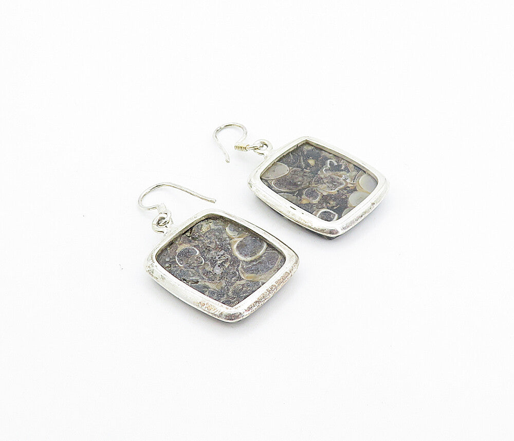 925 Sterling Silver  Vintage Spotted Jasper Square Dangle Earrings  EG3548