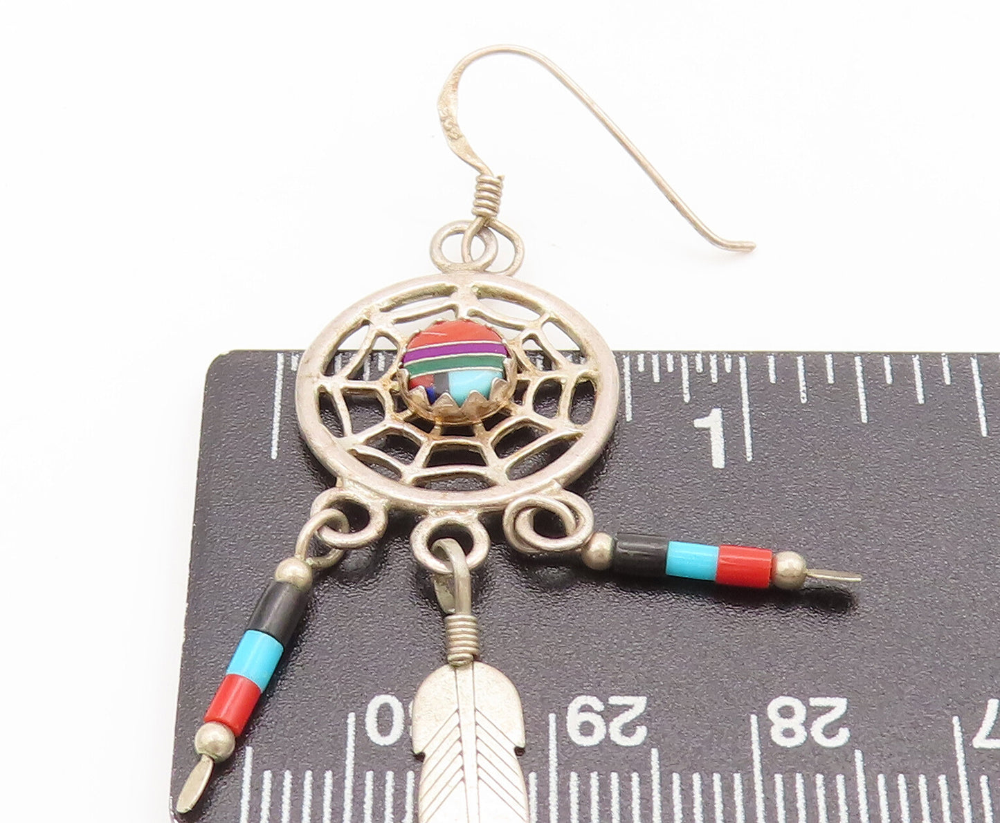 925 Silver Vintage Solid Dangling Multi Stones Dream Catcher Earrings EG12535