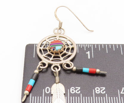 925 Silver Vintage Solid Dangling Multi Stones Dream Catcher Earrings EG12535