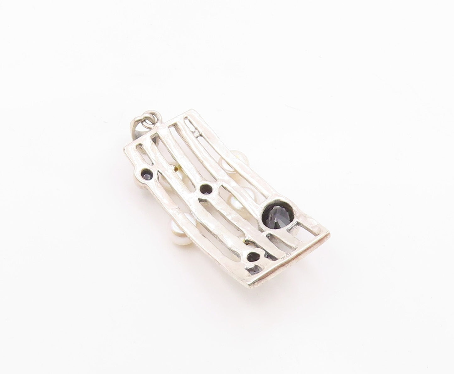 925 Silver  Vintage Cultured Pearls & Black Tourmaline Shiny Pendant  PT19610