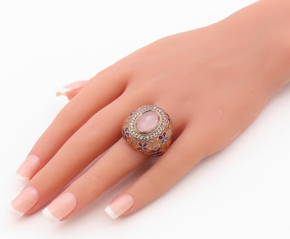 925 Sterling Silver Vintage Ring Floral Enamel Rose Quartz Band  Sz 8.5  RG36384