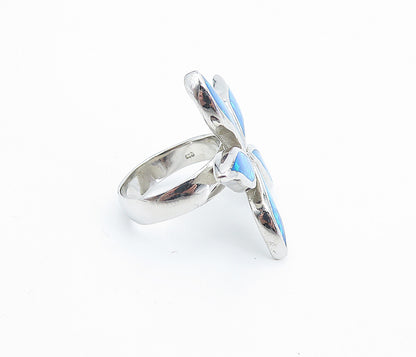 925 Sterling Silver  Inlaid Blue Fire Opal Flower Cocktail Ring Sz 6  RG7815
