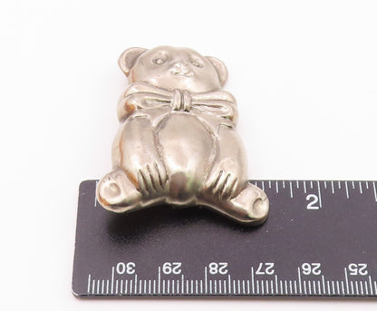 925 Sterling Silver Vintage Sitting Hollow Bear With Bow Tie Brooch Pin BP9902