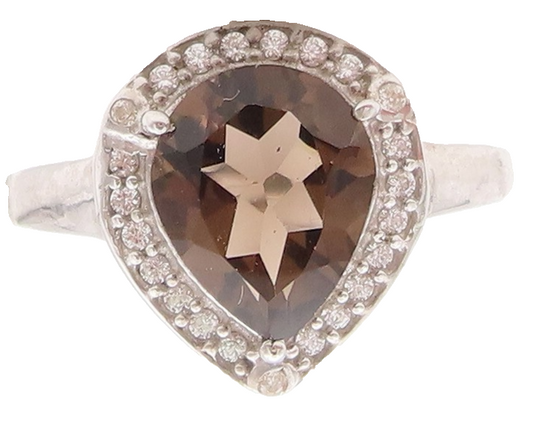 925 Sterling Silver Vintage Ring Drop Cut Smoky Quartz Halo Topaz  Sz 7  RG29468